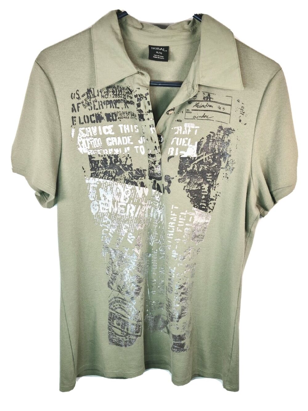 Tribal Olive Green, Silver, Black Graphic Polo Top Juniors Size XL RN 119165